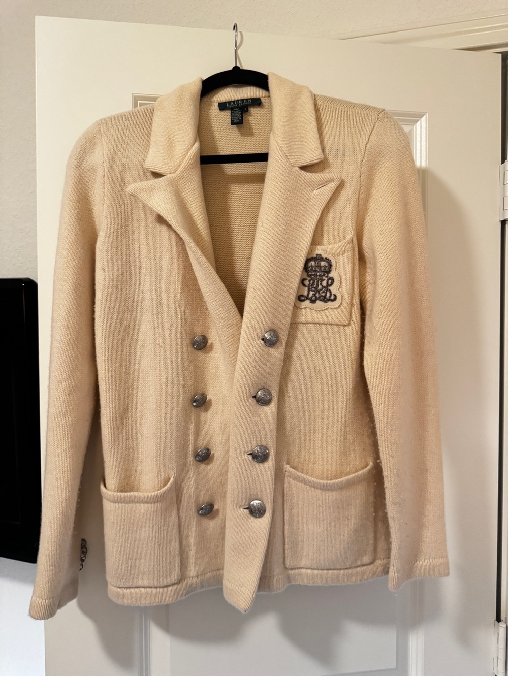 Vintage Lauren Ralph Lauren Cream Double-Breasted Wool Blazer Sweater with Crest